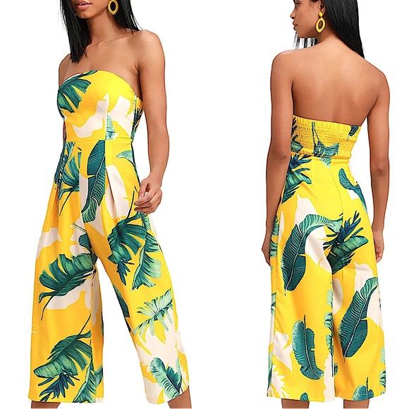 LULU’S: NWT Rainforest Blooms Yellow Print Strapless Midi Jumpsuit - Size Small - Picture 1 of 16